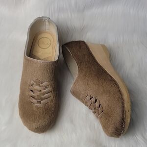 NO. 6 Tan Brown Calf Hair Braided Platform Retro Boho Hippie Chunky Clog Shoes